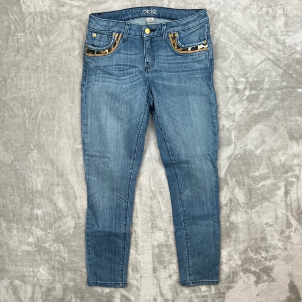 Cache Womens Size 0‎ Blue Denim Jeans Animal Print Pocket Trim Cropped